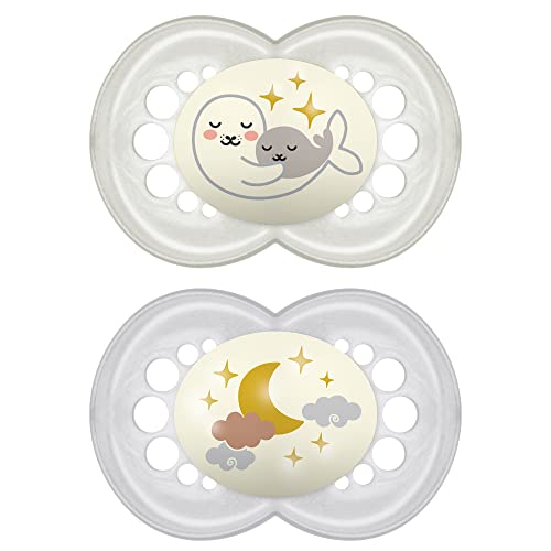 MAM Night Pacifiers (2 Pack, 1 Sterilizing Pacifier Case), MAM Pacifiers 6+ Months, Best Pacifier for Breastfed Babies, Glow in the Dark Pacifier, Baby Unisex Pacifiers