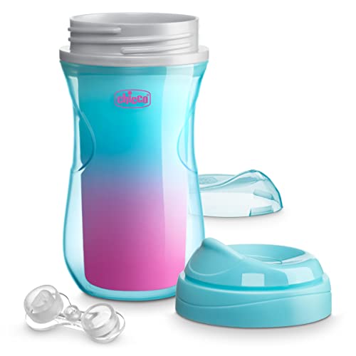 Chicco 9oz. Double-Wall Insulated Sippy Cup with Bite-Proof Rim Spout and Spill-Free Lid | Top-Rack Dishwasher Safe | Easy to Hold Ergonomic Indents | Pink/Teal/Purple Ombre, 2pk| 12+ Months