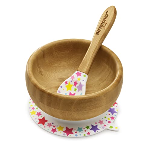 NutriChef Bamboo Baby Feeding Bowl - Wooden Infant Toddler Dish and Spoon Set w/Silicone Suction Base for Stay Put Eating, BPA-Free, Hypoallergenic, for Children Aged 4-72 Months (Stars)
