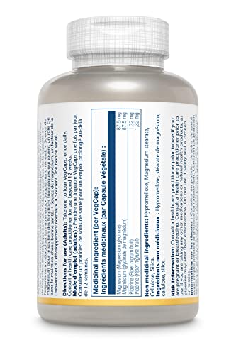 SOLARAY – Magnesium Glycinate, 87.5mg |Health Bone and Tissue Formation | Enhanced Absorption | Dietary Supplement | Vegan, Lab Verified | 120 Vegetarian Capsules (100mg per VegCap)