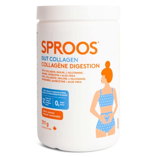 Sproos Gut Collagen | Hydrolyzed Collagen Powder + Inulin, L-Glutamine, Ginger, Quercetin, Aloe Vera| Enhanced Grass-Fed Collagen Peptides Powder, Apple Ginger Flavour, Tub, 311g