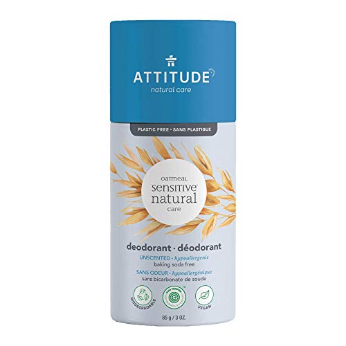 ATTITUDE Baking Soda Free Deodorant for Sensitive Skin Enriched with Oatmeal, EWG Verified, Aluminum Free, Plastic-Free, Unscented, 85 grams