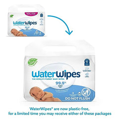 WaterWipes Plastic-Free Original Baby Wipes, 99.9% Water Based Wipes, Unscented & Hypoallergenic for Sensitive Skin, 240 Count (4 packs), Packaging May Vary