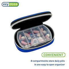 EZY DOSE Soft Sided Pill Case, Features Zippered Pouch, Easy to Use Design, Perfect for Travel and Daily Usage, 8-Comparments, BPA Free, Blue