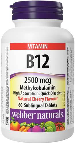 Webber Naturals Vitamin B12 2500 mcg, Quick Dissolve, 60 Tablets, Natural Cherry Flavour, Supports Energy Production and Metabolism, Vegetarian