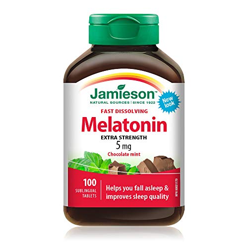 Jamieson Melatonin 5 mg Extra Strength - Chocolate Mint Flavour Fast Dissolving Tablets, 100 Count (Pack of 1)