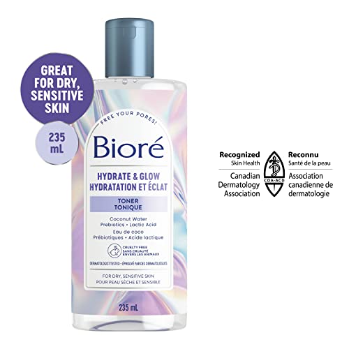 Bioré Hydrate & Glow Toner, Alcohol Free Facial Toner for Dry, Sensitive Skin, infused with Prebiotics, 2% Lactic Acid and Coconut Water | Dermatologist Tested, Cruelty Free and Fragrance Free (235mL)