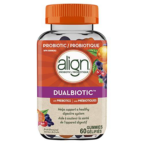 Align DUALBIOTIC PREbiotic + PRObiotic Gummies, Helps Support a Healthy Digestive System, 1 Doctor Recommended Probiotic Brand*, Made With Naturally Sourced Fruit Flavours, 60 Count