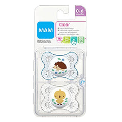 MAM Clear Design Collection Pacifier for Babies (Pack of 2 Pacifiers, 1 Sterilizing Case), MAM Soother with a Soft Silicone Nipple, Boy Baby Essentials, 0-6 Months, Designs May Vary