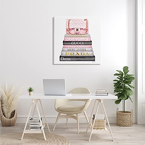 Stupell Industries Home Watercolor High Fashion Bookstack Padded Pink Bag Stretched Canvas Wall Art, Multi-Color, 30 x 30