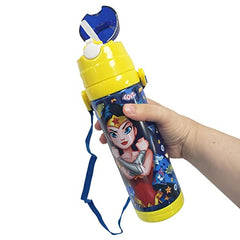 Danawares Wonder Woman Kids Water Bottle with Push Top Button Cap, Straw and Carrier Strap 650ml