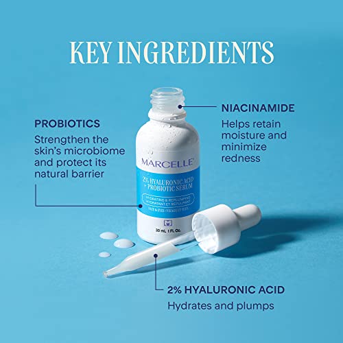 Marcelle 2% Hyaluronic Acid + Probiotic Serum for Face and Eyes, Hydrating & Plumping, Vegan, Cruelty-Free, Non-Comedogenic, Oil-Free, Fragrance-Free, Paraben-Free, Hypoallergenic, 30 mL