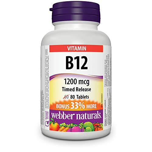 Webber Naturals Vitamin B12 Cyanocobalamin 1,200 mcg, Timed Release, 80 Tablets, Supports Energy Production and Metabolism, Gluten Free, Non-GMO, Vegan