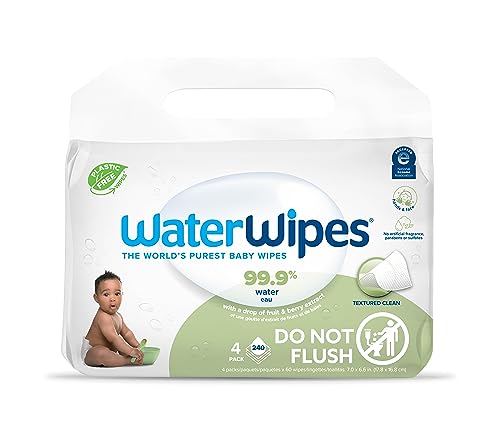 WaterWipes Plastic-Free Textured Clean, Toddler & Baby Wipes, 99.9% Water Based Wipes, Unscented & Hypoallergenic for Sensitive Skin, 240 Count (4 packs), Packaging May Vary