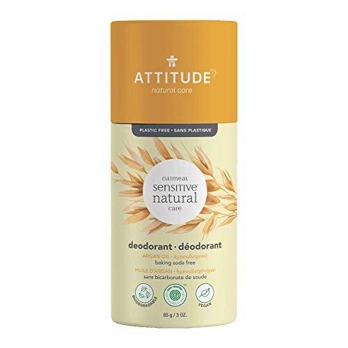 ATTITUDE Baking Soda Free Deodorant for Sensitive Skin Enriched with Oatmeal and Argan Oil, EWG Verified, Aluminum Free, Plastic-Free, 85 grams