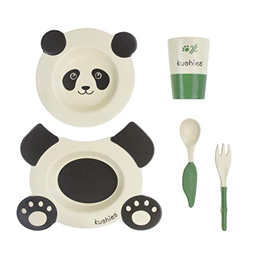 Kushies Baby Ecoclean Panda Eco-Friendly Tableware 5-Piece Set, Eco-Conscious Dinnerware, Non-Toxic, Made of Bio-Degradable Plant Fibre