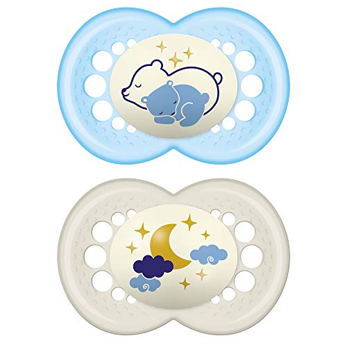 MAM Night Pacifier for 6+ months (2 pack, 1 Sterilizing Pacifier Case), MAM Glow in the Dark Soother with a Soft Silicone Nipple, Baby Essentials, Baby Boy, Designs May Vary