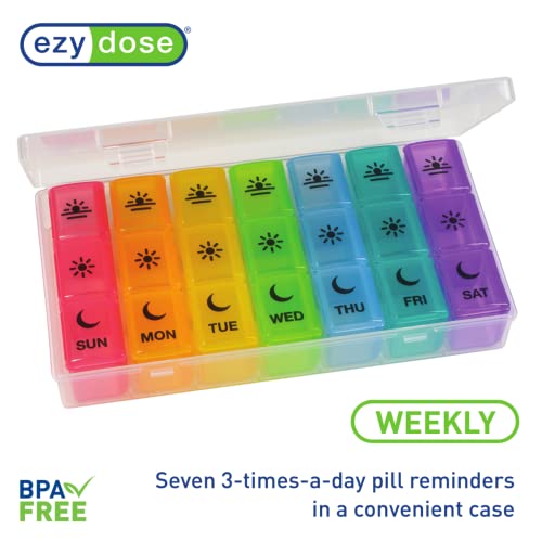 EZY DOSE Weekly (7-Day) Pill Planner, Medicine Case, Vitamin Organizer Box,  X-Large Push-Button Compartments, Rainbow Lids