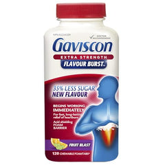 Gaviscon Extra Strength Flavour Burst Tablets - 120 Count - Chewable Foaming Antacid Tablets for Day and Night Heartburn Relief, Acid Reflux and GERD Relief, Fruit Blast - Free of Aluminum, Lactose and Gluten