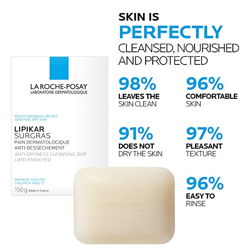 La Roche-Posay Lipid-Enriched Cleansing Bar, Lipikar Surgras Cleanser Bar Soap for Dry Skin with Niacinamide & Shea Butter, 150g