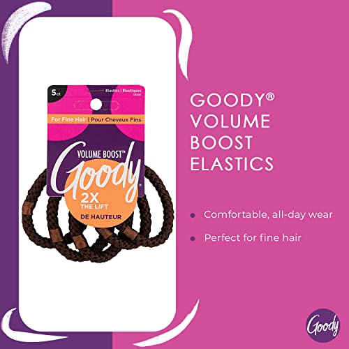 GOODY Volume Boost Ponytailers Elastics Hair Tie for Fine Hair - 5 Count, Brown - Ouchless Pain-Free Hair Accessories for Women, Men, Boys, & Girls - Perfect for Long Lasting Braids, Ponytails & More