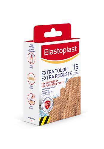 Elastoplast Extra Tough Waterproof Adhesive Bandages, 15 Strips, Beige | Flexible Fabric | Durable Protection Super Strong Adhesion for Extra Strong Sticking Power | Non-stick wound pad to protect and cushion the wound | Moves with Your Body