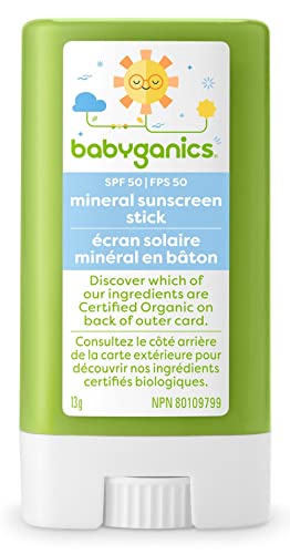 Babyganics Fragrance-Free Sunscreen Stick, SPF 50+ Sunblock with UVA/UVB Protection for Baby’s Skin, Organic, Water-Resistant, & Tear-Free Formula, 13g