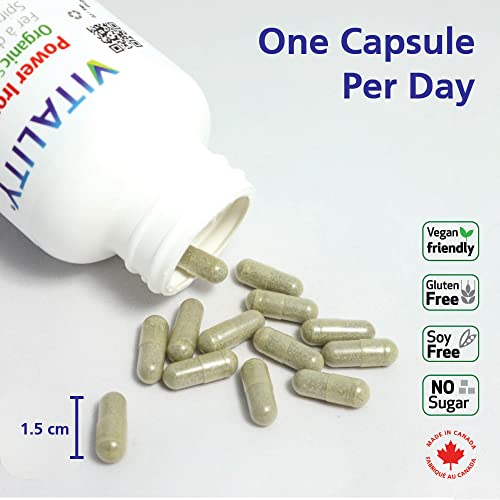 VITALITY Power Iron + Organic Spirulina 60 Veg Capsules (60 Days) - Boosts Energy with Iron Bisglycinate, Vitamin B12, Folic Acid, Vitamin C to Build Blood, Boost Energy