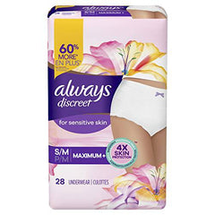 Always Discreet Sensitive, Incontinence & Postpartum Underwear For Women, Maximum Plus Protection, Small/Medium, 28 Count