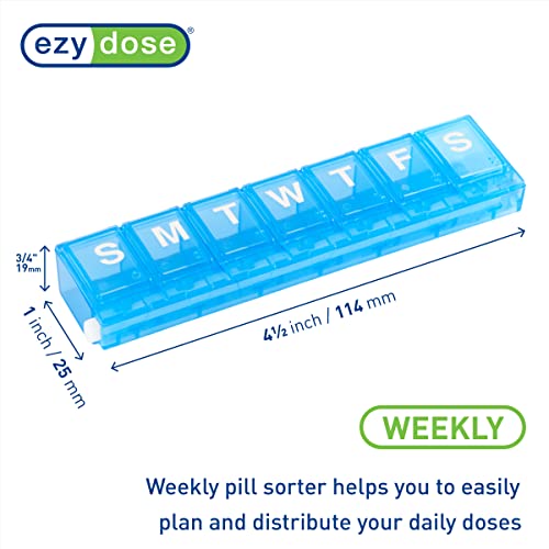 EZY DOSE Weekly (7-Day) Pill Planner, Medicine Case, Vitamin Organizer Box, Small Locking Compartments to Secure Prescription Medication and Prevent Accidental Spilling, Blue