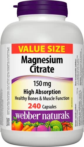 Webber Naturals Magnesium Citrate 150 mg, 240 Capsules, High Absorption Mineral, Supports Bone and Muscle Functions, Gluten Free, Non-GMO