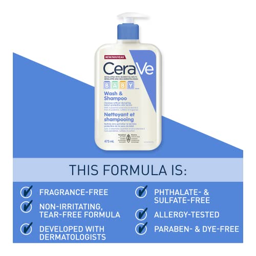 CeraVe Baby Wash & Shampoo Gentle Tear-Free Formula Hypoallergenic, Fragrance Free, Paraben Free & Sulfate Free,473 ml, White