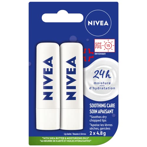 NIVEA Soothing Lip Balm with SPF 15 (2x4.8g) | Protect Against Sun Burn Lip Balm, 24H Hydration