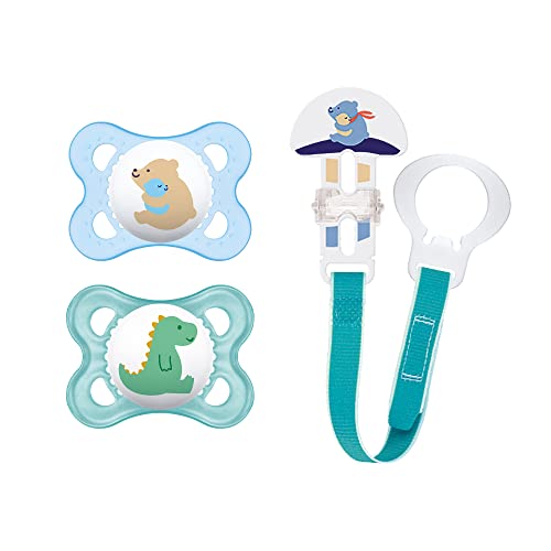 MAM Animal Design Collection Pacifier for Babies (Pack of 2 Pacifiers, 1 Clip), MAM Soother with a Soft Silicone Nipple, Baby Essentials, Boy, 0-6 Months, Designs May Vary