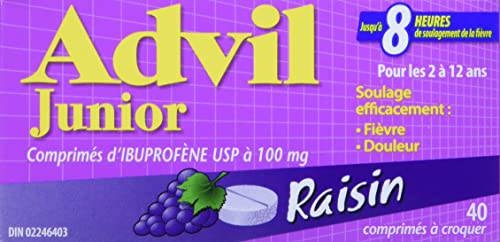 Advil Junior Strength (40 Count, Grape Flavour) Ibuprofen Chewable Tablets for Relief of Pain Fever