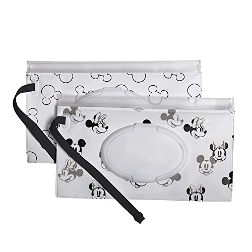 Disney Baby by J.L. Childress Reusable Wet Wipes Case 2-Pack, Refillable Wipes Holder, Portable for Travel, Includes Wrist Strap, Mickey and Minnie (1140DIS)