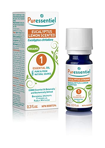 PURESSENTIEL - Eucalyptus Lemon Scented Organic Essential Oil - Used in aromatherapy topically for muscle pain, headache or cough and cold - 100% pure and natural - 10ml