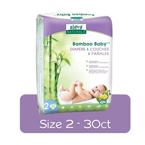 Aleva Naturals Hypoallergenic Bamboo Baby Diapers for Baby, Ultra Soft, Sensitive Skin Friendly, Biodegradable, Disposable– Size 2 (6-17 lbs/3-8 kg) | 30ct