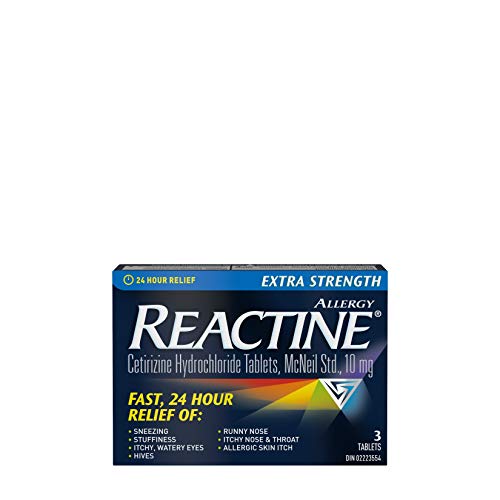 reactine Extra Strength Antihistamine Tablets - 10mg Cetirizine Hydrochloride - 24 Hour Allergy Relief Medicine - 3 Count, white