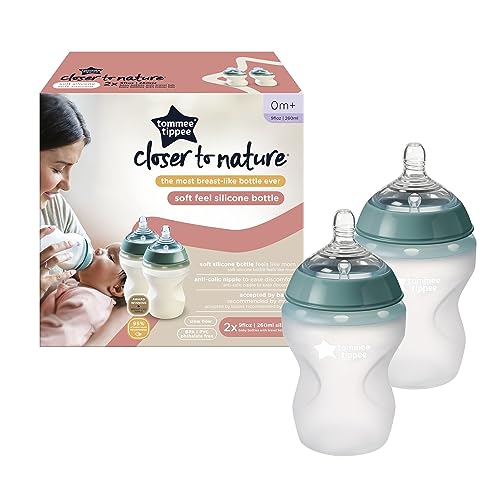 Tommee Tippee Closer to Nature Soft Feel Silicone Baby Bottle | Breast-Like Nipple, Anti-Colic, Stain & Odor-Resistant, Clear, 9 Ounce, 2 Count