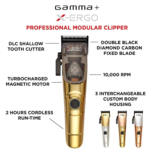 GAMMA+ X-Ergo Professional Cordless Clipper 9V Microchipped Magnetic Motor, 3 Custom Lids (Matte Chrome, Matte Gold, Matte Rose Gold)