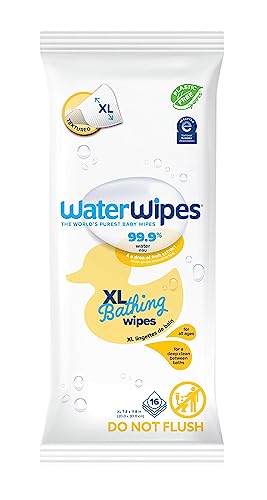 WaterWipes Plastic-Free XL Bathing, Toddler & Baby Wipes, 99.9% Water Based Wipes, Unscented & Hypoallergenic for Sensitive Skin, 16 Count (1 pack), Packaging May Vary