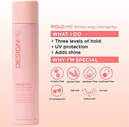 DESIGNME HOLD.ME Three-Way Hairspray | Multipurpose Styling for Hold and Volume | Sulfate Free Hairspray Provides Extra Shine and Protection, 330mL