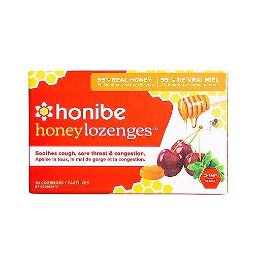 Honibe 100% Pure Honey Lozenges, Made in Canada, Soothes Sore Throat, with Menthol, 1 pack (10 lozenges),Natural Cherry