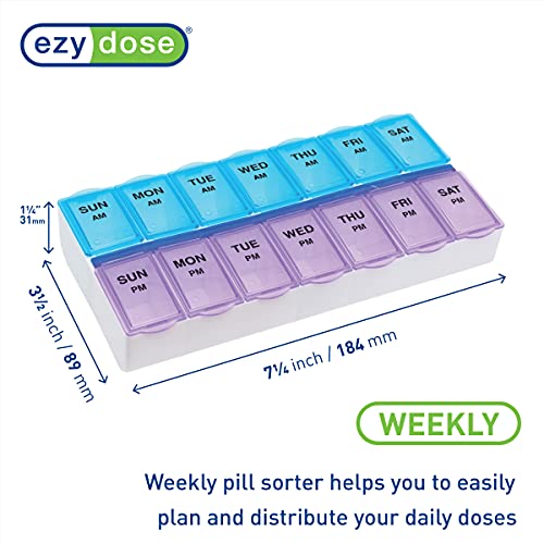 Ezy Dose Weekly (7-Day) AM/PM Pill Organizer, Vitamin Case, And Medicine Box, Large Compartments, 2 Times a Day, Blue and Purple Lids