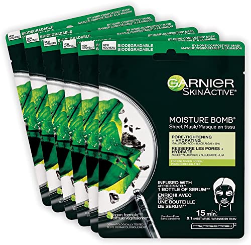 Garnier Moisture Bomb Purifying Sheet Mask with Hyaluronic Acid and Charcoal, 6 Pack, 6 x 28 g