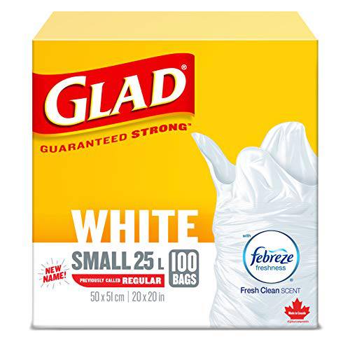 Glad White Garbage Bags - Small 25 Litres - Febreze Fresh Clean Scent, 100 Trash Bags - Zecoya