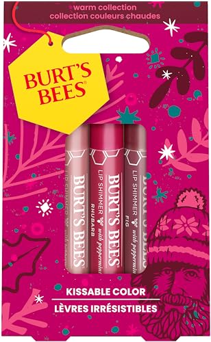 Burt's Bees Kissable Colour Gift Set, Holiday Gift, Warm Collection, 3 Lip Shimmers in Peony, Rhubarb and Fig