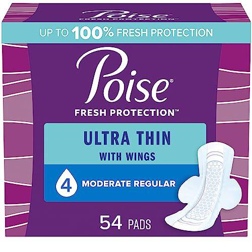 Poise Ultra Thin Postpartum Incontinence Pads with Wings, Moderate Absorbency, Regular Length, 54 Count