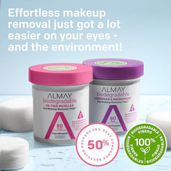 Almay Makeup Remover Pads, Biodegradable Oil Free Micellar, Hypoallergenic, Cruelty Free, Fragrance Free Cleansing Wipes, 80 Pads (Pack of 1)